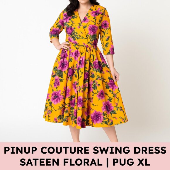Pinup Couture Dresses & Skirts - Pinup Couture Birdie Swing Dress Cotton Sateen Mustard Floral XL (Fits 14/16)